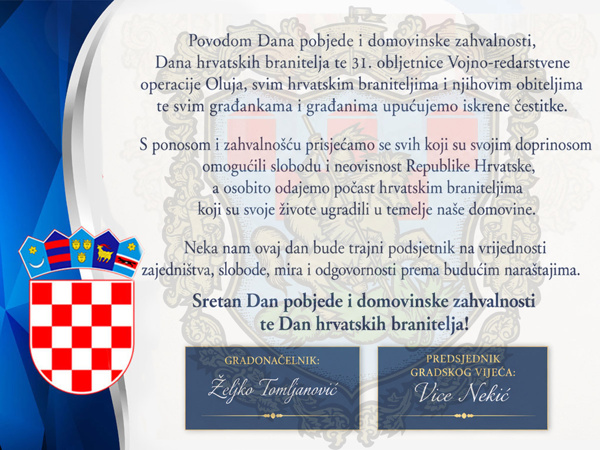 Grad Senj uputio čestitku povodom Dana pobjede i domovinske zahvalnosti